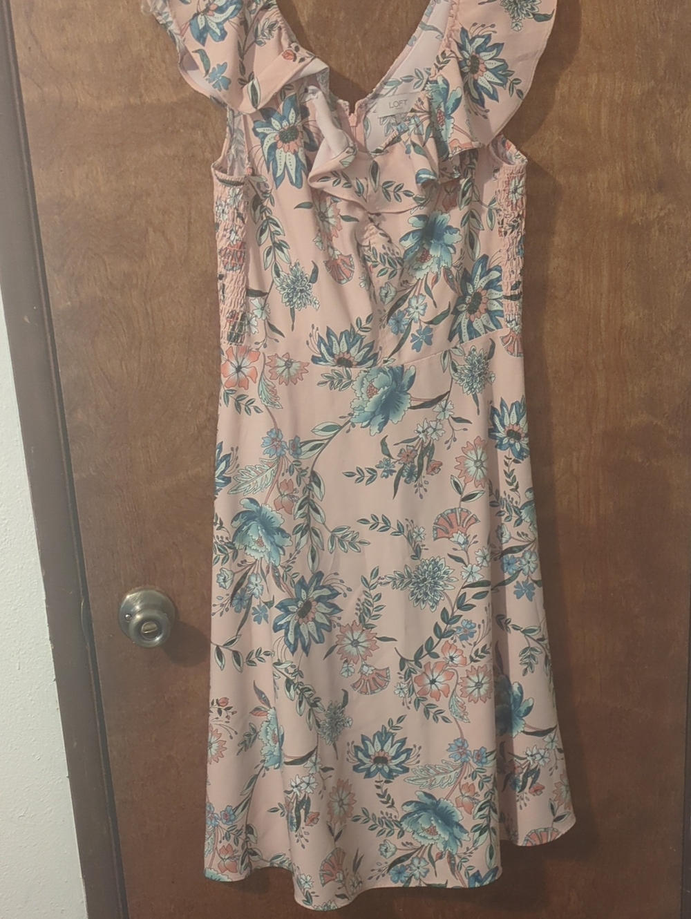 LOFT Blush Floral Ruffle Midi Dress